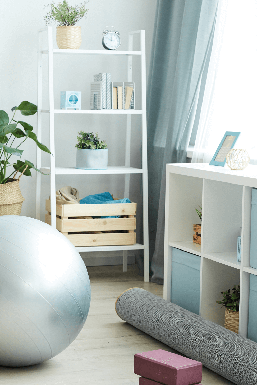 At home workout space with exercise ball